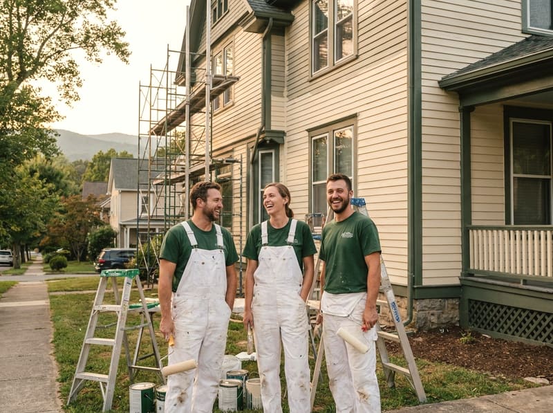 The Asheville Paint Pros crew on-site at a Victorian repaint in Montford