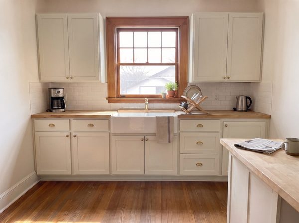 Same kitchen after cabinets were sprayed soft white