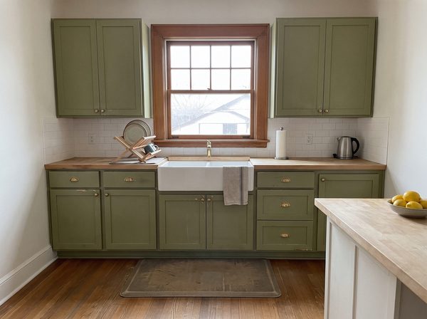 Kitchen with worn olive green cabinets before refinishing