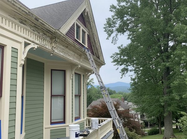 Peeling cream trim on a Victorian gable with a ladder set up before painting